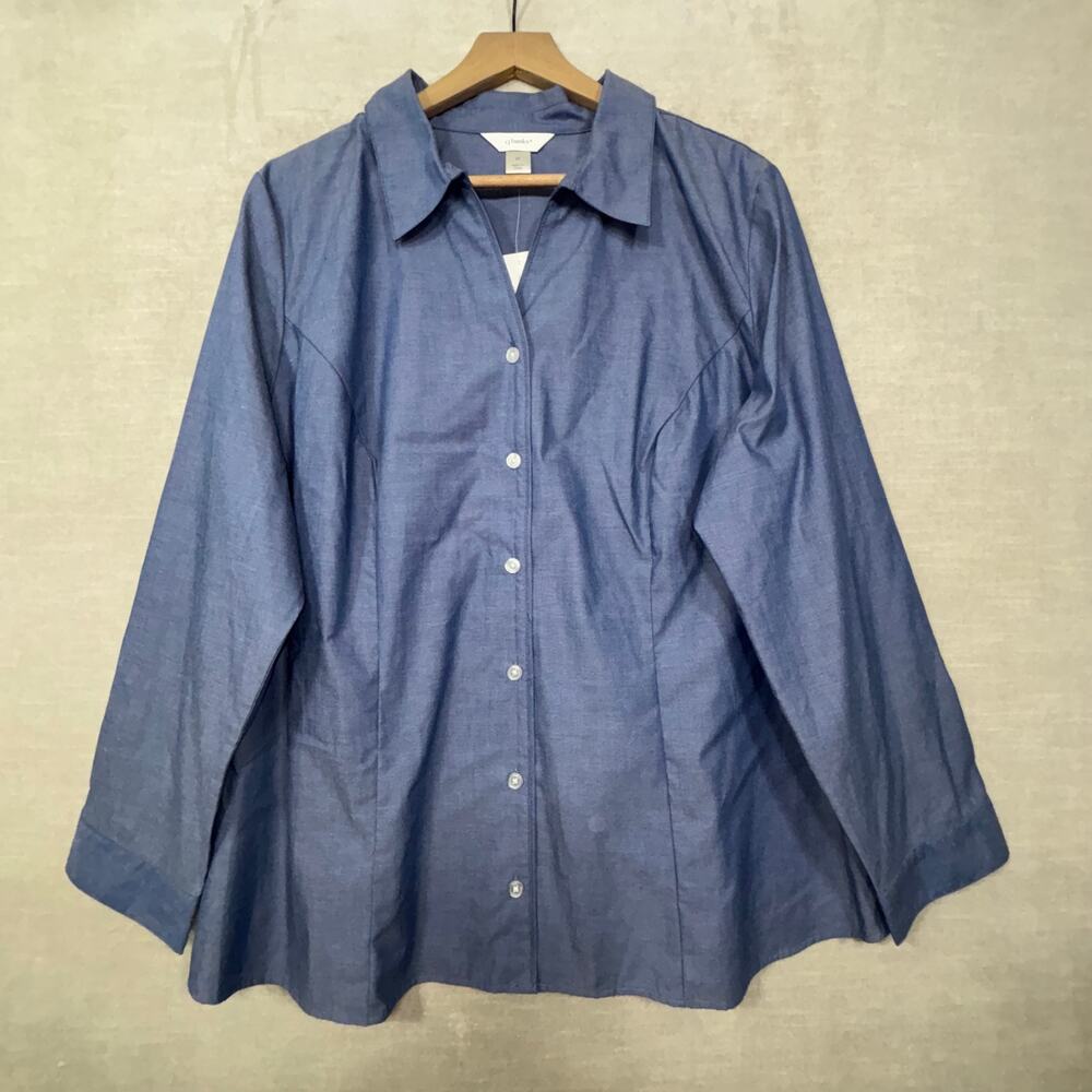 New CJ‎ Banks Womens Blue Button Shirt Long Sleeve 2x Plus Classic Career Basics